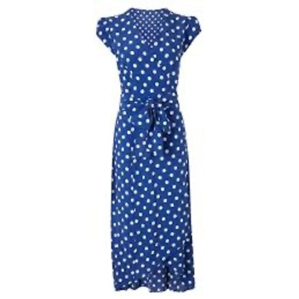 Boden Polka Dot Wrap Midi Dress Women 2R Blue Excellent Short Sleeve V-Neck - Picture 1 of 8